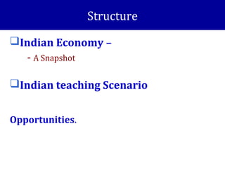 Structure
Indian Economy –
- A Snapshot
Indian teaching Scenario
Opportunities.
 