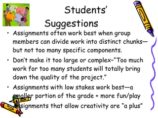 Students’ Suggestions Assignments often work best when group members can divide work into distinct chunks—but not too many specific components.  Don’t make it too large or complex–“Too much work for too many students will totally bring down the quality of the project.” Assignments with low stakes work best—a smaller portion of the grade + more fun/play Assignments that allow creativity are “a plus” 