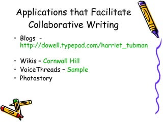 Applications that Facilitate Collaborative Writing Blogs  - http://dowell.typepad.com/harriet_tubman/   Wikis –  Cornwall Hill VoiceThreads –  Sample Photostory 