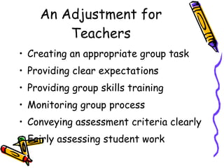 An Adjustment for Teachers Creating an appropriate group task Providing clear expectations Providing group skills training Monitoring group process Conveying assessment criteria clearly Fairly assessing student work 