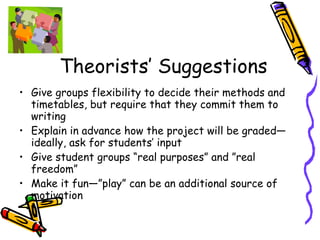 Theorists’ Suggestions Give groups flexibility to decide their methods and timetables, but require that they commit them to writing Explain in advance how the project will be graded—ideally, ask for students’ input  Give student groups “real purposes” and ”real freedom” Make it fun—”play” can be an additional source of motivation 