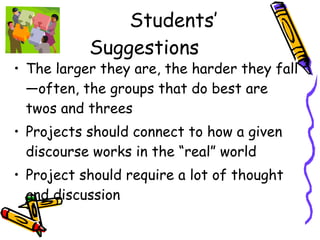 Students’ Suggestions The larger they are, the harder they fall—often, the groups that do best are twos and threes Projects should connect to how a given discourse works in the “real” world Project should require a lot of thought and discussion 