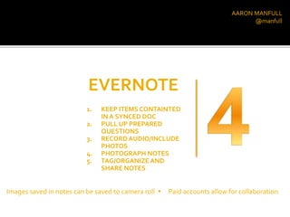 AARON MANFULL
@manfull
EVERNOTE
1. KEEP ITEMS CONTAINTED
IN A SYNCED DOC
2. PULL UP PREPARED
QUESTIONS
3. RECORDAUDIO/INCLUDE
PHOTOS
4. PHOTOGRAPH NOTES
5. TAG/ORGANIZE AND
SHARE NOTES
Images saved in notes can be saved to camera roll  Paid accounts allow for collaboration
 