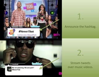1.	
  
Announce	
  the	
  hashtag.	
  




            2.	
  
     Stream	
  tweets	
  
   over	
  music	
  videos.	
  
 