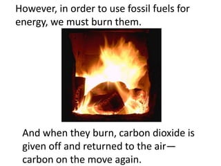 However, in order to use fossil fuels for
energy, we must burn them.




 And when they burn, carbon dioxide is
 given off and returned to the air—
 carbon on the move again.
 