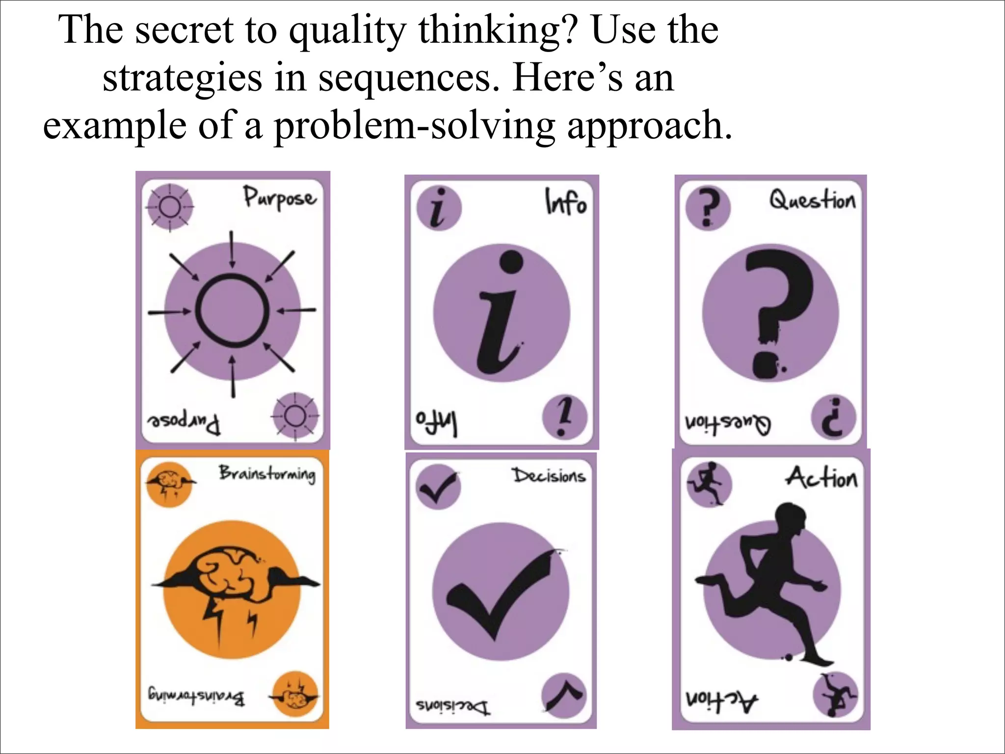 The secret to quality thinking? Use the
   strategies in sequences. Here’s an
example of a problem-solving approach.




                                           24
 