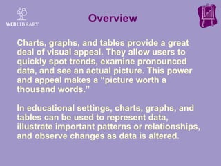 Overview Charts, graphs, and tables provide a great deal of visual appeal. They allow users to quickly spot trends, examine pronounced data, and see an actual picture. This power and appeal makes a “picture worth a thousand words.”  In educational settings, charts, graphs, and tables can be used to represent data, illustrate important patterns or relationships, and observe changes as data is altered. 