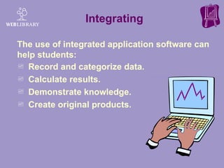 Record and categorize data. Calculate results. Demonstrate knowledge. Create original products. Integrating The use of integrated application software can help students: 