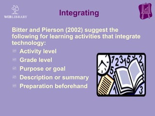 Activity level Grade level Purpose or goal Description or summary Preparation beforehand Integrating Bitter and Pierson (2002) suggest the following for learning activities that integrate technology: 