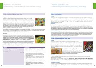 28 29
Outcome: Benchmarks:
I understand the operation of a process
and its outcome. I can structure related items
of information.
TCH 2-13a
• Compares activities consisting of a single sequence of steps
with those consisting of multiple parallel steps, for example,
making tomato sauce and cooking pasta to be served at the
same time
•	 Identifies algorithms/instructions that include repeated
groups of instructions a fixed number of times and/or loops
until a condition is met
•	 Identifies when a process is not predictable because it has
a random element, for example, a board game which uses
dice
•	 Structures related items of information, for example, a family
tree (MNU 2- 20b)
•	 Uses a recognised set of instructions / an algorithm to
sort real worlds objects, for example, books in a library or
trading cards
Organiser 1 Second Level
Understanding the world through computational thinking
What this learning may look like:
Process
Learners can identify and describe the properties of simple systems such as parallel
processes. Learners could play a part in a physical process (such as in a playground
game or dance) in which multiple activities are carried out at the same time (parallel). For
example, teams of learners could race to complete a process (such as a balloon party
game or tidying their workspace). Learners then discuss the effectiveness of different team
strategies. Sometimes more than one type of activity might be carried out at the same time
(with individuals or teams having different tasks to complete as part of a bigger goal, such
as tidying the classroom at the end of the day). Learners can identify when two activities
which happen at the same time interact with each other.
Through playing and analysing common games (such as Snakes and Ladders, or noughts and crosses) they can identify
when it is possible to predict what will happen in a process and the circumstances under which it will end. This includes
understanding about randomness, often appearing in games with dice.
Information
Learners will be aware that information can be sorted, and be able to perform a simple
sorting algorithm on real world objects.They could sort books alphabetically or a deck of
Pokemon cards by combat power. There are ‘unplugged’ activities listed for sorting. You
could also watch a video of a sort algorithm being carried out (such as this Lego version
of the bubble sort or a kids song version or watching robots do quick sort.)
Learners could write down all the family members they know, drawing lines between them
to represent family relationships, and then be shown how to redraw the information in a
family tree format. Learners could attempt to form a similar structure with everybody they
can think of in the school - pupils, teachers, admin staff, etc.
Organiser 2 Second Level
Understanding and analysing computing technology
More information:
Process
Learners can read and understand representations of processes in a programming language, identifying examples of
sequential, selective, repetitive and parallel control structures and uses of variables. They can pick out and describe the
precise meaning of individual structures, as well as predict the outcome of programs using all of these types of structures
expressed in a well-specified language. This might be a visual block language such as Scratch, Alice or Kodu, or a text-
based language such as HTML.
Information
Learners understand how different types of information are stored by the computer, for example the basics of how
text, sound and images are handled by the computer. They understand that digital representations are a lingua franca
allowing widely different kinds of information to be represented in a uniform format that can be transmitted over networks
and interpreted by a wide variety of different kinds of device, for example a video from your mobile phone can be emailed
to a friend and displayed on their television with a sound track from another friend.
Computing technology
Learners understand that many modern computer applications are made up of many computers connected in a network.
They understand the principles of how information can be transmitted between networked computers, such as by email
or when accessing web pages. They understand when using various applications, such as web browsers and search
engines, where the information is stored and how it is transmitted on request.
What this learning may look like:
Process
Learners are now able to read and reason about more complex code in a visual
programming language, including how parallel processes interact. They can practise these
skills by completing pencil-and-paper exercises recording step-by-step operation of the
code and changes in variables. Alternatively they can verbalise their understanding of the
operation of programs in discussion with their peers and teacher, which deepens learning
significantly.
The Royal Society of Edinburgh Starting From Scratch
resources include activities where learners can make
predictions about what blocks of Scratch code will do
when the flag is clicked. This resource pack also has useful
activities for teaching computing technology.
Information
A range of unplugged-style activities can be used to help pupils understand how different sorts of information are
represented by the computer.
There are many unplugged activities available from CS Unplugged, Teach London Computing, a Little Bit of CS4Fn,
Barefoot Computing and Google’s Exploring Computational Thinking. These will be useful across all the Organisers
and levels.
Computing technology
In addition to a greater depth of understanding of how a computer works, pupils will also be aware of the basics of how
computer networks operate. Developing this awareness can be set within the wider context of communicating networks
from everyday life.
 