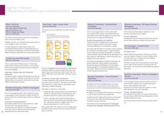 40 41
Organiser 1 First Level
Understanding the world through computational thinking
NRich: Two Dice
(http://bit.ly/CSScot60)
See also NRich: Button Up
(http://bit.ly/CSScot61) and
NRich: Beads and Bags
(http://bit.ly/CSScot62)
The children systematically enumerate the combinations
which result from throwing 2 dice.
Process: Learners can understand and correctly carry out
a role assigned to them in a process.
This was designed as a maths activity, but the main
computational thinking element is systematically trying out
and recording the combinations on the dice. This prompt is
helpful: How will you know when you’ve found all the totals?
Chicken Fox and Grain puzzle
(http://bit.ly/CSScot64)
This is a web-based animated puzzle of a classic logic
puzzle. There is a person with a chicken, a fox and some
grain trying to get them all across the river in a boat that
can’t carry everything
Information: Boolean logic and Conditional
statements
The learner is given conditional statements about what will
happen depending on different combinations of two items
being left alone, for example IF chicken and fox are alone
THEN the fox will eat the chicken.
Barefoot Computing - Patterns Unplugged
(http://bit.ly/CSScot50)
This is an unplugged activity in which pupils work in pairs
to spot patterns in sets of pictures of objects and think of
general statements to describe these things e.g. elephants,
cats,cars.
Information: Identifying patterns
By identifying patterns we can make predictions, create
rules and solve more general problems.
The emphasis of this activity is on pupils thinking what
is the same, what is different and are there general
statements they can make about things.
Hello Ruby - Ruby’s Dress Code
(http://bit.ly/CSScot63)
This activity is from the Hello Ruby book (p97) by Linda
Liukas.
This is an unplugged activity where learners help Ruby get
dressed for different conditions (weather and days of the
week). Ruby has a special dress code for each day. IF it’s
raining THEN wear a rain jacket ELSE (‘otherwise’) wear a
dress.
Information: boolean logic and Selection
Conditional statements help computers make decisions
and select a set of instructions. This activity uses IF-THEN-
ELSE statements to make decisions about what to wear
depending on different situations.
Alternatives or extensions to this activity:
• Create rules about what food Ruby will eat each day, for
example on “Mondays Ruby only eats triangular food”,
and ask the learners to create a menu for the week
•	 Create rules about which toys Ruby will play with on
each day, eg “On Tuesdays Ruby only plays with bumpy
toys” and ask the learners to suggest toys for her to
play with depending on the day of the week.
More opportunities in the classroom for this concept would
be asking pupils to line up if they have red hair OR brown
eyes, for example.
Barefoot Computing - Decomposition
Unplugged
(http://bit.ly/CSScot65)
This is an unplugged activity in which pupils create
hand clapping, hand tutting or hand jive sequences of
movements. Pupils break the sequence of actions down
into parts and in so doing are decomposing.
Process: Decomposition and repetition
Pupils link this idea of breaking down a sequence of
actions to breaking problems down when creating
computer programs such as animations or games.
This activity asks the teacher to compose a dance sequence
for the learners to then decompose. It might be easier to
use an existing dance instead (eg Macarena, Locomotion,
or Bob the Builder’s Big Fish Little Fish etc depending on the
age of learners). Draw attention to dance moves which are
repeated in the same sequence
The activity also asks learners to draw the ‘commands’ but
writing a description might be easier for some learners.
Discuss with learners the difficulties of coming up with a
shared language to communicate the meaning of their
‘commands’. Teachers could then ask learners to compose
their own sequence using hand tuts.
Barefoot Computing - Crazy Character
Algorithms
(http://bit.ly/CSScot66)
By teaching this short unplugged activity your pupils
will create a set of instructions on how to draw a crazy
character and so start to understand what algorithms are.
Process: Algorithms
An algorithm is a precisely defined sequence of instruction
or a set of rules for performing a specific task.
It would be good to follow up this activity by a discussion
on why size, scale, angles and precise language are
important for giving instructions.
This activity could be followed by the CS Unplugged
Programming Languages’ Marching Orders activity.
Barefoot Computing - 2D Shape Drawing
Debugging
(http://bit.ly/CSScot67)
In this activity pupils will follow an algorithm to draw
pictures constructed from 2D shapes.
Process: Algorithms
The algorithms learners follow will include errors and they
will use logical reasoning to detect and correct these.
CS Unplugged - Create-A-Face
(http://bit.ly/CSScot68)
Unplugged activity
Explore algorithms by making an robot face out of card,
tubes and students. Program it to react to different kinds
of sounds (nasty, nice or sudden) and show different
emotions (sad, happy, surprised).
Then think up some other facial expressions and program
rules to make the face respond to sounds with the new
expressions. This links to the Emotional Machine activity in
Organiser 2.
Barefoot Computing - Patterns unplugged:
Recipes
(http://bit.ly/CSScot69)
In this unplugged activity pupils spot patterns in pairs of
similar recipes to identify common steps that they can
reuse in new recipes that they create.
Example sets of simple recipes are provided on how to
make sandwiches, pizza and milkshakes.
Process: Identifying Patterns
The emphasis of this activity is on pupils thinking what is
the same, what is different and are there general common
elements that they can reuse.
This activity would suit learners working at either Level 1
or 2.
 