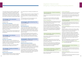 54 55
“This activity explores how images are displayed, based
on the pixel as a building block. In particular, the great
quantity of data in an image means that we need to use
compression to be able to store and transmit it efficiently.
The compression method used in this activity is based on
the one used in fax machines, for black and white images.”
CS Unplugged - Text compression
(http://bit.ly/CSScot122)
Unplugged activity
Information: Text compression
“Since computers only have a limited amount of space
to hold information, they need to represent information
as efficiently as possible. This is called compression. By
coding data before it is stored, and decoding it when it is
retrieved, the computer can store more data, or send it
faster through the Internet.”
“Children’s rhymes and stories are good examples for text
compression, because they often involve repeated words
and sequences.”
CS Unplugged - Error Detection
(http://bit.ly/CSScot123)
Unplugged activity
Information: Error detection
“When data is stored on a disk or transmitted from one
computer to another, we usually assume that it doesn’t get
changed in the process. But sometimes things go wrong
and the data is changed accidentally.”
“This activity uses a magic trick to show how to detect
when data has been corrupted, and to correct it.”
CS Unplugged - Routing and Deadlock
(http://bit.ly/CSScot124)
Unplugged activity
Network Routing and Deadlock
“Computer networks are based on passing messages from
computer to computer. This sounds simple in principle,
but in practice all sorts of contention and bottlenecks can
occur.”
“Computer networks are based on passing messages from
computer to computer. This sounds simple in principle,
but in practice all sorts of contention and bottlenecks can
occur.”
“This activity gives some first hand experience of such
issues, with a game for a group of students.”
CS Unplugged - Minimal Spanning Trees
(http://bit.ly/CSScot125)
Unplugged activity
Minimal Spanning Trees
“Our society is linked by many networks: telephone
networks, utility supply networks, computer networks, and
road networks. For a particular network there is usually
some choice about where the roads, cables, or radio links
can be placed. We need to find ways of efficiently linking
objects in a network.”
“This puzzle shows students the decisions involved in
linking a network between houses in a muddy city.” It can
lead on to a discussion of finding the shortest path for
networks, pipes and journeys, and why this is important.”
CS Unplugged - Network Communication
Protocols (http://bit.ly/CSScot126)
Unplugged activity
Network Communication Protocols
“Computers talk to each other over the internet via
messages. However, the internet is not reliable and
sometimes these messages get lost. There are certain bits
of information we can add to messages to make sure they
are sent. This information makes up a protocol.”
“In this Tablets of Stone activity students consider how
different methods of communication operate successfully.
By looking at rules and procedures in place, students are
introduced to communication protocols.”
Organiser 3 Second Level
Designing, building and testing computing solutions
Harvard University - Creative Computing
(http://bit.ly/CSScot127)
A huge variety of computer-based Scratch programming
activities.
The authors say “No prior experience with computer
programming is required, only a sense of adventure!”
Process: Programming
Pupils will gain familiarity with the Scratch environment and
commands while learning Computing Science concepts
and being creative at the same time.
This is an excellent guide for teachers wanting to teach
Computing concepts using Scratch to their learners. There
are teacher activity sheets and handouts for learners.
There are activities for those who are completely new to
Scratch and also some interesting and fun challenges for
those who are very experiences with the programming
environment.
Harvard University - Creative Computing:
Unit 4 (http://bit.ly/CSScot127)
Unit 4 focuses on making games and introduces data
handling including lists
Information:
Through writing programs which process information,
learners begin to understand how program output varies
according to program input.
Programs which handle data are more challenging, but
also closer to solving real world programming problems.
This unit would work with more advanced/confident
learners towards the end of the level.
Royal Society of Edinburgh - Introduction
to Computing Science: Starting From
Scratch (http://bit.ly/CSScot128)
A set of introductory activities for learning Computing
Science through Scratch.
Process: Programming
Pupils will gain familiarity with the Scratch environment and
commands as well as learning about core CS concepts.
This exemplification resource was originally written for CfE
Level 3 but would be very suitable for Level 2 Organiser 3
within this Progression Framework.
Barefoot Computing - Scratch Tinkering
(http://bit.ly/CSScot108)
This computer-based programming activity involves your
pupils tinkering with Scratch to find out what it does and
how to create programs in it.
Process: Programming
Pupils will gain familiarity with the Scratch environment and
commands.
Additional questions / prompts for this activity are “What
do these commands do?” and “What would happen if we
changed the order of the blocks/commands?”
Learners can showing their creations to other learners.
Get everyone to display their programs full screen and
ask learners to walk around and predict which commands
were used to give the effects they see in the program.
Alternatively they could look at the code without pressing
the green flag and predict what will happen when the
program runs.
Stretch and Challenge tasks, or next steps for the whole
class, can be sourced from the excellent Creative
Computing guide (http://bit.ly/CSScot127) or the Scratch
cards (http://bit.ly/CSScot129).
Barefoot Computing - Kodu Tinkering
(http://bit.ly/CSScot130)
This computer-based programming activity involves your
pupils tinkering with Kodu to find out what it does and how
to create programs in it.
Process: Programming
Pupils will gain familiarity with the Kodu environment and
commands.
The Microsoft Kodu site (http://bit.ly/CSScot131) would be
a good follow on from this activity.
 