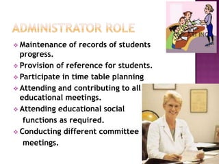  Maintenance of records of students
progress.
 Provision of reference for students.
 Participate in time table planning
 Attending and contributing to all
educational meetings.
 Attending educational social
functions as required.
 Conducting different committee
meetings.
 
