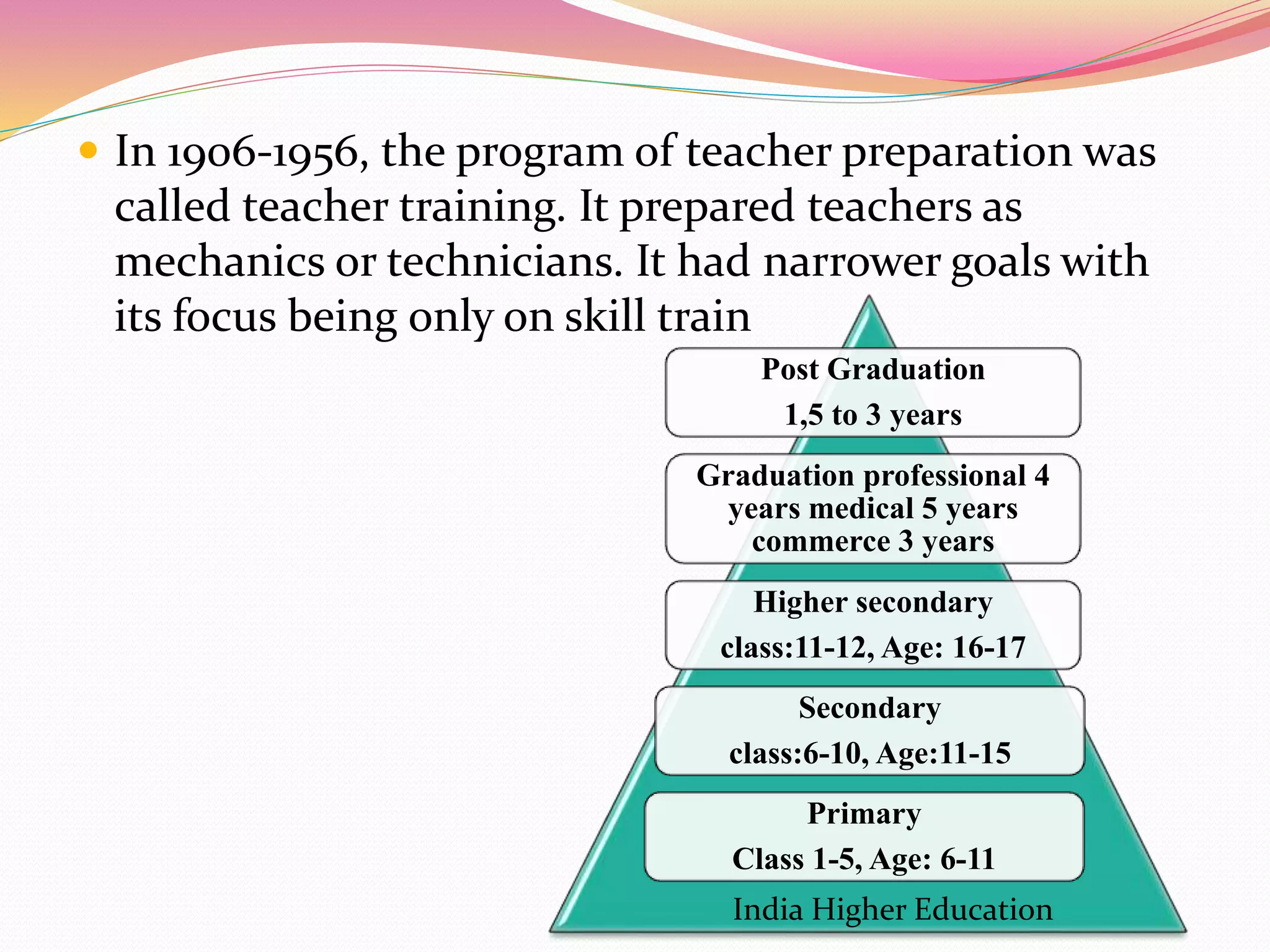  In 1906-1956, the program of teacher preparation was
called teacher training. It prepared teachers as
mechanics or technicians. It had narrower goals with
its focus being only on skill train
Post Graduation
1,5 to 3 years
Graduation professional 4
years medical 5 years
commerce 3 years
Higher secondary
class:11-12, Age: 16-17
Secondary
class:6-10, Age:11-15
Primary
Class 1-5, Age: 6-11
India Higher Education
 