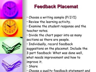 Feedback Placemat Choose a writing sample (P/J/I) Review the learning activity. Examine the student response and the teacher notes.  Divide the chart paper into as many sections as there are people. Individually, record feedback suggestions on the placemat. Include the 3 part feedback: What was done well, what needs improvement and how to improve it. Share  Choose a quality feedback statement and write in the centre of your page. 
