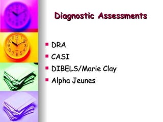 Diagnostic Assessments DRA CASI DIBELS/Marie Clay Alpha Jeunes 