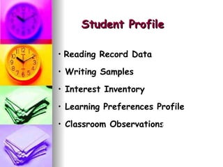 Student Profile Reading Record Data Writing Samples Interest Inventory Learning Preferences Profile Classroom Observations 