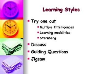 Learning Styles Try one out Multiple Intelligences Learning modalities Sternberg  Discuss Guiding Questions Jigsaw 