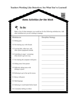 Teachers Working Like Detectives: See What You’ve Learned!




                    Home Activities for the Week




    Make a list of what strategies you would use for the following misbehaviors. Add
    other misbehaviors you are wanting to manage.

 Misbehavior                                    Discipline Strategy
 13. Hitting pets                               ______________________________

 14. Not sharing toys with friends              ______________________________

 15. Leaving bike, other toys, and              ______________________________
     other sports equipment outside

 16. Exploding in anger / screaming             ______________________________
     when doesn’t get own way

 17. Not sharing the computer with peers        ______________________________

 18. Hiding notes from parent                   ______________________________

 19.	Difficulty	taking	turns	with	          	   ______________________________
     siblings or peers

 20. Refusing to go to line up for recess       ______________________________

 21. Bossy with peers                           ______________________________

 22. Bad language                               ______________________________

 23. Refusing to wash hands before lunch        ______________________________

 24. Constantly tattling on others              ______________________________
 