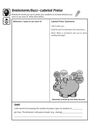 Brainstorm/Buzz—Labeled Praise
Brainstorm words you use to praise your students to increase behavior you
want to see more of. Write them below.

 Behaviors I want to see more of                Labeled Praise Statements

                                                I like it when you…
                                                Good for you! for listening to the instructions…
                                                Wow! What a wonderful job you’ve done
                                                reading that page!




                                                  Remember to Build Up Your Bank Account


   Goal:
   I will commit to increasing the number of praises I give my students to ___________
   per hour. The behaviors I will praise include: (e.g., sharing) ______________________
   __________________________________________________________________________
 