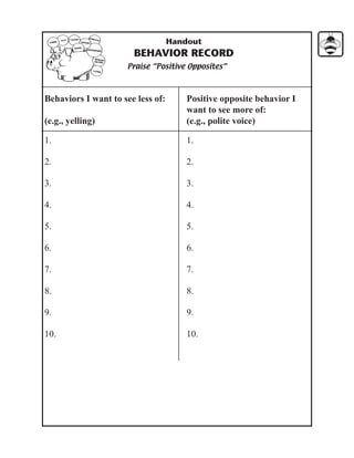 Handout
                       BEHAVIOR RECORD
                     Praise “Positive Opposites”



Behaviors I want to see less of:       Positive opposite behavior I
                                       want to see more of:
(e.g., yelling)                        (e.g., polite voice)

1.                                     1.

2.                                     2.

3.                                     3.

4.                                     4.

5.                                     5.

6.                                     6.

7.                                     7.

8.                                     8.

9.                                     9.

10.                                    10.
 