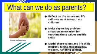 ● Reflect on the values and life
skills we want to teach our
children
● Make day to day problem
situation an occasion for
teaching these values and life
skills
● Model these values and life skills
(respect, taking responsibility,
wisdom, handling conflict,
empathy) to children
Source:huffpost.com
Source:Child Rights Network
 