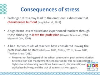 Consequences of stress
• Prolonged stress may lead to the emotional exhaustion that
characterises burnout (Naghieh et al., 2013)
• A signiﬁcant loss of skilled and experienced teachers through
those choosing to leave the profession (Howard & Johnson, 2004;
Mearns & Cain, 2003)
• A half to two-thirds of teachers have considered leaving the
profession due to stress (Milburn, 2011; Phillips, 2011b; Simos, 2011;
"Teacher Stress," 2012)
– Reasons: not feeling part of the school community; poor communication
between staff and management; school principal was not approachable;
highly stressful working conditions; harassment, discrimination or
workplace bullying; and the lack of administrative support.
 