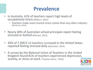 Prevalence
• In Australia, 41% of teachers report high levels of
occupational stress (Milburn, 2011)
– Teachers make more mental stress claims than any other industry
(WorkCover, 2014)
• Nearly 40% of Australian school principals report feeling
stressed or bullied (Michael, 2013)
• 46% of 7,200 K-12 teachers surveyed in the United States
reported feeling stressed daily (Education, 2014)
• A survey by the National Union of Teachers in the United
Kingdom found 81% of teachers experienced depression,
anxiety, or stress at work ("Teacher Stress," 2012)
 
