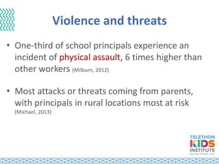 Violence and threats
• One-third of school principals experience an
incident of physical assault, 6 times higher than
other workers (Milburn, 2012)
• Most attacks or threats coming from parents,
with principals in rural locations most at risk
(Michael, 2013)
 
