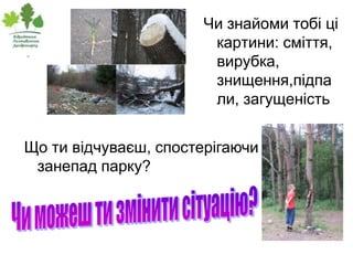 Чи знайоми тобі ці
                       картини: сміття,
                       вирубка,
                       знищення,підпа
                       ли, загущеність


Що ти відчуваєш, спостерігаючи
 занепад парку?
 