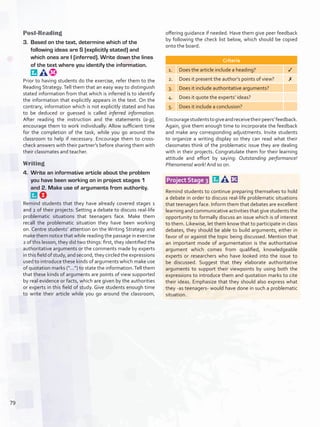 Post-Reading
3.	 Based on the text, determine which of the
following ideas are S (explicitly stated) and
which ones are I (inferred). Write down the lines
of the text where you identify the information. 
Prior to having students do the exercise, refer them to the
Reading Strategy. Tell them that an easy way to distinguish
stated information from that which is inferred is to identify
the information that explicitly appears in the text. On the
contrary, information which is not explicitly stated and has
to be deduced or guessed is called inferred information.
After reading the instruction and the statements (a-g),
encourage them to work individually. Allow sufficient time
for the completion of the task, while you go around the
classroom to help if necessary. Encourage them to cross-
check answers with their partner’s before sharing them with
their classmates and teacher.
Writing
4.	 Write an informative article about the problem
you have been working on in project stages 1
and 2. Make use of arguments from authority. 
Remind students that they have already covered stages 1
and 2 of their projects: Setting a debate to discuss real-life
problematic situations that teenagers face. Make them
recall the problematic situation they have been working
on. Centre students’ attention on the Writing Strategy and
make them notice that while reading the passage in exercise
2 of this lesson, they did two things: first, they identified the
authoritative arguments or the comments made by experts
in this field of study, and second, they circled the expressions
used to introduce these kinds of arguments which make use
of quotation marks (“...”) to state the information.Tell them
that these kinds of arguments are points of view supported
by real evidence or facts, which are given by the authorities
or experts in this field of study. Give students enough time
to write their article while you go around the classroom,
offering guidance if needed. Have them give peer feedback
by following the check list below, which should be copied
onto the board.
Criteria
1. Does the article include a heading? ✓
2. Does it present the author’s points of view? ✗
3. Does it include authoritative arguments?
4. Does it quote the experts’ ideas?
5. Does it include a conclusion?
Encouragestudentstogiveandreceivetheirpeers’feedback.
Again, give them enough time to incorporate the feedback
and make any corresponding adjustments. Invite students
to organize a writing display so they can read what their
classmates think of the problematic issue they are dealing
with in their projects. Congratulate them for their learning
attitude and effort by saying: Outstanding performance!
Phenomenal work! And so on.
 Project Stage 3  
Remind students to continue preparing themselves to hold
a debate in order to discuss real-life problematic situations
that teenagers face. Inform them that debates are excellent
learning and communicative activities that give students the
opportunity to formally discuss an issue which is of interest
to them. Likewise, let them know that to participate in class
debates, they should be able to build arguments, either in
favor of or against the topic being discussed. Mention that
an important mode of argumentation is the authoritative
argument which comes from qualified, knowledgeable
experts or researchers who have looked into the issue to
be discussed. Suggest that they elaborate authoritative
arguments to support their viewpoints by using both the
expressions to introduce them and quotation marks to cite
their ideas. Emphasize that they should also express what
they -as teenagers- would have done in such a problematic
situation.
79
U6_VP5IngGuideCol2012.indd 79 3/23/16 11:53 AM
 