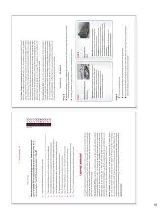 Reading
Readthefollowingsentencesaboutlandmarks.Readthedescriptions
belowtodecideifeachsentence(1-10)iscorrectorincorrect.Ifitis
correct,checkboxA.Ifitisincorrect,checkboxB.
0.TheseholidaydestinationsarelocatedinEurope.
1.Theseholidaydestinationsareforpeoplewholikepeaceandquiet.
2.Theseholidaydestinationsareforpeoplewholikeadventureandsports.
3.Manydifferentactivitiesandsportsareofferedattheseholidaydestinations.
4.Oneofthesedestinationsoffersactivitiesthatrequirebeingphysicallyfit.
5.Alltheselandmarkshavehistoricandarchitecturalvalue.
6.OneofthesedestinationsislocatedinSouthAmerica.
7.Intwoofthesedestinations,variouswatersportscanbepracticed.
8.Alldestinationshavebeenrecognizedfortheirnaturalrichness.
9.Twoofthesedestinationsareconsiderednaturalwondersoftheworld.
10.ThreeoftheseholidaydestinationsareonWorldHeritagelistings.
Answers
0AB
1AB
2AB
3AB
4AB
5AB
6AB
7AB
8AB
9AB
10AB
TestTrainingC
ExploringLandmarks!
I’vehadtheopportunitytotravelandexplorethehistoric,naturalandarchitecturalfeatures
ofdifferentlandmarksaroundtheworld.Mostofthemarewell-knownworld-wideand
haveeitherafunctionalorsymbolicsignificance.Iwouldsaythatthefollowingholiday
destinationsshouldnotbemissed.
TheGreatWallofChina,oneofthegreatestwondersoftheworld,waslistedasaWorld
HeritagesitebyUNESCOin1987.TheGreatWallgoesup,downandacrossmountains,
grasslands,andflatterrains,extending8,851.8kilometersfromeasttowestChina.
Althoughsomeofthesectionsareinruins,itisstilloneoftheworld’smostappealing
attractionsduetoitsarchitecturalmagnificence,spectacularviewsandhistoricalworth.
Visitingthislandmarkisanunforgettableexperienceforhistorylovers!
MountEverestisthehighestmountainintheworld,measuring8,848metersabove
sealevel,andlocatedontheborderbetweenNepalandChina.Itisalsoconsidereda
naturalwonderoftheworld.Togomountainclimbing,mountainbiking,hiking,androck
climbing,touristsneedtobephysicallypreparedandfollowspecificroutes.Duringwinter
peoplecanevengosnowboarding.Thisisauniqueexperiencethatshouldn’tbemissedby
adventurelovers!
VP5_TestTraining_C.indd8523/03/201608:04:11a.m.
TheCoffeeTriangleofColombiawasofficiallyinauguratedintotheUNESCOWorld
HeritageLandscapelistingsonJune25th,2011.Itscentenarytraditionofgrowing
coffeemakesthissiteanexampleofaproductiveculturallandscapeworthvisiting
anytimeoftheyear.Thisuniqueandpopulartouristdestinationoffersthemeparks
liketheNationalCoffeePark,wherevisitorslearnabouttheprocessofmakingcoffee,
andPanacaPark,wherepeoplecaninteractwithfarmanimals.Theregionalsooffers
adventuresportslikehorsebackriding,canoeing,raftingandparaglidingaswellas
delicioustypicalfoodtosuitallsortsoftastes.Thepeopleareveryfriendlyandthe
pricesaresoreasonablethattheriskiswantingtostay.
TheGreatBarrierReefisoneofthesevennaturalwondersoftheworldandis
locatedinAustralia.Itsnaturalbeautymakesitanextraordinarydestinationwhere
visitorscanseediversemarinewildlifewhileswimmingwiththefishandadmiring
theamazingcolorsofthecoralreef.Ithassuchwonderfulbiologicaldiversitythatit
isascubadivingparadise.Itoffersislanddaytripsandscubadivingintheouterreef.
Avisittothisuniquenaturalwonderisamustforanyholiday!
Card1
MatterhornMountain
Switzerland
•BasicInfo:4,478mmountainwithsnow365daysof
theyear.AplaceyoucanonlyfindinZermatt!
•Activities:Hiking,mountainclimbing,rock
climbing,snowboardingandtobogganing
•Accommodation:Low-pricedhotelsand
economicalhostelsforbackpackers
Card2
MachuPicchu
Peru
•BasicInfo:ListedasaWorldHeritagesite
byUNESCOin1983.Themostspectacular
achievementoftheIncaEmpire
•Activities:Hiking,walkingtheIncatrailand
climbingtheHuaynaPicchu’ssummit.Explore
thewell-knownarcheologicalIncaruins,enjoythe
amazingmountainlandscape,andtasteavarietyof
typicaldishes!
•Accommodation:Low-pricedhotelsand
economicalhostelsforbackpackers
Stage2
uuYouareapotentialtourist.
uuChooseonedestination:TheGreatWallofChinaorTheIguazuFalls
uuAskcandidateB(thetravelagent)questionsabouttheplaceyouwanttogo.Findoutinformation
aboutthelocation,activities,food,andaccommodation.
SpeakingCandidateA
Stage1
uuYouareatravelagent.GivecandidateB(apotentialtourist)informationabouttheplacewherehe/she
wantstogo(oneoftheplacesbelow).
uuUsetheguidelinesincards1and2toanswercandidateB’squestions.
VP5_TestTraining_C.indd8623/03/201608:04:12a.m.
85
VP5 TestTra C montaje.indd 85 3/30/16 10:30 AM
 