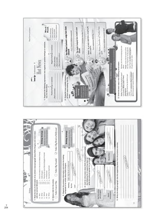 204
T
Writing
1.SinceherdebutinthesitcomModernFamily
2.SofiaVergara
3.PlayingtheroleofGloriaDelgado-Pritchett
4.InHollywood
5.Hashadherbigbreak
Sofia’sLatestFilmSofia’sBigScandalSofia’sBigBreakinHollywood
Lead__________________________________________________________________________________
______________________________________________________________________________________
______________________________________________________________________________________
____________________________________________________________________________________
Herfirstacting
jobinEnglish
RecentfilmsAward
nominations
____________________________________________________________________________________________________
____________________________________________________________________________________________________
_____________________________________________________________________________________________________
___________________________________________________________________________________________________
_____________________________________________________________________________________________________
___________________________________________________________________________________________________
1.Readthebitsofinformationofanarticle’sleadparagraphaboutSofiaVergaraandmatchthem
withthecorrectWh-word.
a.Who
b.What
c.Where
d.How
e.When
2.Selectatitleforthearticle.
3.Organizethepreviousinformationandwritetheleading
paragraphofanarticleaboutSofiaVergara.
4.LookforinformationaboutSofiaVergaraandcomplete
thefollowinglistofsupportingideasto
writethebodyparagraphforanarticle.
5.Writethebodyparagraph.Usethesupportingideasfromthepreviousexercise.
Heading
By-line
WritingStrategy
Identifykeyinformation
towritealeadparagraph.
WritingStrategy
Followaprocesstowritea
bodyparagraphofanarticle.
______________________________
______________________________
______________________________
______________________________
______________________________
______________________________
______________________________
______________________________
______________________________
14
Answersmayvary.
Answersmayvary.
Answersmayvary.
Answersmayvary.
Answersmayvary.
Sofia’sBigBreakinHollywood
Answersmayvary.
e
a
d
c
b
VP5_WB_UNIT_1.indd143/23/168:57AM
Lesson4
HotNews
1.Organizethefollowingexpressionsintonegativeorpositivefeelingsorreactions.
UsetheWordBank.
That’shardtobelieve/awesomenews!
That’sthemostawesome/horribleiPhoneyet!
That’sawesome/shockingnews!
That’shardtobelieve/awesome!
2.Circlethemostsuitablereaction
toeachnewsheading.Usethe
faces.
a.NewMichaelJackson’ssongshavebeen
released
b.TheAppleCompanyhascreatedanew
iPhone.
c.TsunamihitsJapan
again.
d.BizStone,founderofTwitterhas
quit.
3.Circlethebestreplyinthefollowingconversation.
Paula:Twitterhitstheheadlinesagain!
Bob:Really?What’sthat?/That’s
shocking!(a)
Paula:BizStonehasdecidedtoquit
Twitter.
Bob:That’sawesome/hardtobelieve!
(b)Hehasgainedmassesofpopularity.
Besides,he’stheonekeepingthesite
afloat.
Paula:Iknow.Buthewantstofind
thenext“bigthing”ontheinternet.
Bob:That’shorrible!/amazing!(c)
Hisgeniusneverrests.
VocabularyStrategy
Makerepliestoexpressnegativeandpositivefeelingsinaconversation.
Vocabulary
Strategy
Applyexpressions
thatshownegative
orpositivefeelings
toreacttonews.
Positivefeelingsorreactions
____________________________________
____________________________________
____________________________________
Negativefeelingsorreactions
____________________________________
____________________________________
____________________________________
Word
Bank
•That’sshocking!
•That’sawesome!
•That’shorrible!
•That’shardtobelieve!
RealCommunication
15
That’sawesome!That’sshocking!
That’shorrible!
That’shardtobelieve!
VP5_WB_UNIT_1.indd154/21/169:51AM
WB Facsimil_5.indd 204 5/26/16 10:59 AM
 