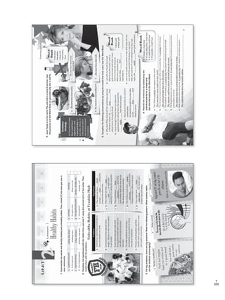 205
T
Lesson1
HealthyHabits
UNIT
21.	Unscramble	the	words	and	identify	healthy	and	unhealthy	habits.	Then,	check	(√)	the	ones	you	see	in	
yourcommunity.
a.ngaeti/ttyfa/soodfe.sominkg
b.drkining/weatrf.dinog/ercxseie
c.bgein/sendarteyg.hanvig/a/haltehy/deti
d.dinnkrig/sdoa/ppsoh.slenepig/wlel
2.Completethehypotheseswiththehabitsfromexercise1usingthecorrectformoftheverbs.Then,
matchthemwiththeproblems.
OnlywatchTVandplaycomputer
gamesforonehourinthe
afternoons
Nightsareforsleepingandresting
Fruitandveggies
keepyouactiveand
inagoodmood
Youwillfinda
greatvariety
inour
cafeteria
Therecessisforhavingfun
Joininthedifferentsportsonoffer
MonWed:Volleyball
TueThu:Basketball
Fri:Soccer
ProblemsHypotheses
a.Someofourclassmatesarrivedlateto
classandlookedverytired.
1.Theymustnothave____________
enough_______________beforethe
physicaleducationclass.
b.Somepartnershavegainedextra
weight.Obesityisnowmoreevident
inourschool.
2.Theymightnothave___________
_______________atnightafter
watchingTVorusingthecomputer.
c.Someclassmatesgotreallytired
duringphysicaleducationclassand
haddifficultydoingtheaerobics
exercises.
3.Theycouldhave______________
___________________whenthey
werechildrenandnowtheydonot
likedoinganyphysicalactivity.
d.Theolderstudentsdonotenjoy
participatinginanysportsordoing
exerciseonweekends.
4.Thechildrenmusthave_________
_________________withtheirlunch
insteadofwater,milkorfruitjuice.
e.Primaryschoolteacherssaidthat
childrenwereveryhyperactiveinclass
andcouldn’tconcentrate.
5.Theymighthave______________
______________likehamburgers,
potatochipsandsodas.
3.Forbigproblems,therearebigsolutions.Readthefollowingposters.Whathealthyhabits
arethestudentsencouraging?
a.___________________b.___________________c.____________________
eatingfattyfoods
beaten
UnhealthyHabitsatFranklinHigh
fattyfoods
16
Havingahealthydiet
Doingexercise
Sleepingwell
c
a
d
e
drunk
water
slept
well
been
sedentary
drunk
sodapops
drinkingwater
beingsedentary
drinkingsodapops
smoking
doingexercise
havingahealthydiet
sleepingwell
VP5_WB_UNIT_2.indd163/23/169:09AM
a.Thechildrenprobablyateveggiesintheirlunch.
__________________________________________________________________________
b.Theschoolprincipalwenttothegymafterschoolyesterday.Heprobablyfeltstressed.
__________________________________________________________________________
c.Thestudentsaresweating.Itcouldbethattheyplayedvolleyballduringthebreak.
__________________________________________________________________________
d.TheEnglishteacherwasinagoodmood.It’sverylikelythatthestudentspracticedtheir
presentationathome.
__________________________________________________________________________
e.Mostchildrenwereeatingfruit.It’spossiblethatthecafeteriahadhealthyoptions.
__________________________________________________________________________
GrammarandVocabulary
4.JaneFondaisinherearly70sandstillisaveryfitperson.Use
thepicturesandtheWordBanktospeculatewhysheisstillfit.
5.Completethefollowingconversationsbyusingthemodalthatbestsuits.UsetheWordBank.
6.Rewritethesentencesbysubstitutingthe
underlinedwordsforamodalverb.
UsetheinformationintheWordBank.
Theymusthaveeatenveggiesintheirlunch.
Grammar
Strategy
UsePastModalsmust
have/couldhave/
mighthave+verb
inpastparticiple,to
speculate,deduce,or
makeguessesabout
pastsituationsbased
onevidence.
•stayaway
•beactive
•sleepwell
•eathealthy
food
Word
Bank
a._______________________c._______________________
b._______________________d._______________________
a.WhydoesPhiliplooktired?Hesometimesexercises
inbetweenclasses.He___________________have
playedsoccerduringthebreak.
b.IneverthoughtTinaworriedmuchabouther
appearance,butshehaslostafewpounds!She
___________________havefeltoverweight.
Shemusthavebeenactive.
d.IsatwithmyfriendsCaroland
Mikeduringthebreak.Iwentto
grabsomewaterandwhenIcame
backmycandybarwasgone.
MikelovescandybutCarol
doesn’t.Mike_________________
havetakenit.
e.Linaisnotusuallyveryactiveinclass.Buttodayshewas
veryfulloflifeanddidn’tfallasleepinanyclass!
Well,shewatchesTVuntilmidnighteveryday.Last
night,she___________________havegonetobedearly.
c.Maryhasarrivedearlyforonce!It’s
unbelievable!
Herparentsboughtheranewbike,
soshe___________________have
bikedtoschool.
•Must-90%
•Might-50%
Word
Bank
WordBank
must
•Probably=musthave
•It’sverylikelythat=musthave
•Itcouldbethat=couldhave
•It’spossible=mighthave
17
Theschoolprincipalmusthavefeltstressed.
Thestudentscouldhaveplayedvolleyballduringthebreak.
Thestudentsmusthavepracticedtheirpresentationathome.
Thecafeteriamighthavehadhealthyoptions.
might
must
must
might
Shemusthaveeatenhealthyfood.Shemusthavesleptwell.
Shemusthavestayedaway
fromalcohol.
VP5_WB_UNIT_2.indd174/21/169:54AM
WB Facsimil_5.indd 205 5/26/16 10:59 AM
 