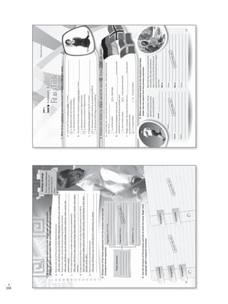 208
T
Writing
2.Chooseoneofthethesisstatementsfromthepreviousexerciseand
brainstormthreearguments.
Introduction
Paragraph1
Paragraph3
Conclusion
1.Writelogicalthesisstatementswiththephrasesandthespecific
groupsorplacesgivenbelow.Makeuseofyourbackgroundknowledge.
Thesisstatement
________________________
________________________
________________________
________________________
Argument1:Firstofall,____________________
________________________________________
________________________________________
Argument2:Next,________________________
________________________________________
________________________________________
Argument3:Last,________________________
________________________________________
________________________________________
3.Usethestructureofthepreviousexercisetowritetheessay.Begineach
paragraphwithasequenceconnector.
WritingStrategy
Writeathesisstatement
tostatethetopicand
themainideaofan
essay.
a.Waystotakecareoftheenvironment(NativeAmericans):
_______________________________________________________________________________
b.Waystosavewater,recycleandconserveenergy(familiesathome):
_______________________________________________________________________________
_______________________________________________________________________________
c.Threeimportantthingstoconsiderwhendoingexercise(adolescents):
_______________________________________________________________________________
_______________________________________________________________________________
d.Simplephysicalactivitiestoincludeinthedailylifestyles(workersattheoffice):
_______________________________________________________________________________
_______________________________________________________________________________
e.Waystoprotectourplanet(factories):
_______________________________________________________________________________
_______________________________________________________________________________
ThisessaywilldiscusswaysinwhichNativeAmericanshavetakencareoftheenvironment.
Paragraph2
22
Answersmayvary.
Answersmayvary.
Answersmayvary.
Thisessaywilldiscusswaysinwhichfamiliesathomecouldsavewater,recycleand
conserveenergy.
Thisessaywilldiscussthreeimportantthingsthatadolescentsneedtoconsiderwhendoing
exercise.
Thisessaywilldiscusssimplephysicalactivitiesthatworkersshouldincludeintheirdaily
lifestylesattheoffice.
Thisessaywilldiscusswaysinwhichfactoriescouldprotectourplanet.
VP5_WB_UNIT_2.indd223/23/169:09AM
Lesson4
FitasaFiddle
1.Whatdotheunderlinedexpressionsmean?Choose()	the	right	option.	
2.Completeeachsituationbyusinganappropriateexpression.Choose()	the	right	option.
3.Writetwoconversationsbasedonthesituationsdescribed
below.Usetheidiomsfromthepreviousexercises.
a.Lookatyou!Youareasfitasafiddle.Itmeans___________________________________
1.thepersonlooksslimandhealthy.
2.thepersonlookssickandunhealthy.
b.Theownerofthetimbercompanyisinmurkywaters.Itmeans_____________________
1.thepersonisinvolvedinlegalactivities.
2.thepersonisinvolvedinillegalactivities.
c.I’llmoveheavenandearthtostayfit.Itmeans___________________________________
1.thepersonisdeterminedtodosomethingdifficult.
2.thepersonfeelshappytodosomething.
a.Ineverexercise.Iofteneatfattyfoodsandrarelydrinkwater.Ifeelreallytiredallthe
time.I’min___________________.
1.murkywaters2.badshape
b.Theenvironmentalistsofthiscitywill___________________________toconvincethe
authoritiestomovethedumptoanotherarea.
1.beinmurkywaters2.moveheavenandearth
c.PeopleinSweden,DenmarkandGermanyare_____________________becausethey
goeverywherebybike.
1.ingoodshape2.inmurkywaters
Peterisnowfitter.Hehas
startedtoexerciseevery
dayandlookshealthier.
Laura:_____________________
_______________________________
__________________________________
Peter:________________________________
____________________________________________
Laura:_________________________________________
____________________________________________
Peter:__________________________________________
____________________________________________
Mariahasbeenonanexcursiontothe
mountains.Sheobservedthatthe
placeisnotcleanandthestreamsare
pollutedwithchemicalsfromanillegal
coalmine.
Maria:______________________________
_______________________________________
Kate:__________________________________________
______________________________________________
Maria:_______________________________________________
______________________________________________
Kate:___________________________________________
______________________________________________
RealCommunication
23
Answersmayvary.
Answersmayvary.
VP5_WB_UNIT_2.indd233/23/169:09AM
WB Facsimil_5.indd 208 5/26/16 10:59 AM
 