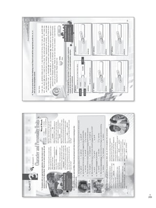 209
T
WordBank
•humble
•sociable
•vain
•ambitious
•curious
•competitive
Lesson1
CharacterandPersonalityTraits
UNIT
31.Completewithanappropriateadjective.Usethecluesineach
sentenceandtheWordBank.Thereisanextrawordyoudonot
needtouse.
Jane:Thankyouforintroducingmeto
Mike.Doyouknowifhelikesme?He’svery
reserved.I’llnever__________________(a)
anythingfromhim!
Paul:He’sveryattractedtoyou,Jane.
Iknowbecausehedoesn’tstoptalking
aboutyou.
Jane:Oh!Really?IthinkMikeandIare
opposites!However,we______________(b)
well.
a.JanehasagoodrelationwithhercousinPaul.Theyhavebeenbestfriendsforalmost10years.
1.getson2.getsout3.	gets	off
b.Janelikestomeetnewpeople,soshedidn’trejecttheideaofmeetingMike.
1.turnout2.	turn	off	3.turndown
c.Thisyear,Jane’sfamilycompanyearnedalotofmoneythankstotheirgreatjob.
1.broughtin2.broughtdown3.broughtup
d.MikewondersifJanelikespoporrockmusic.ShouldhechooseFUN’sorU2’sDVD?
1.goon2.gofor3.	go	off
e.Mikehastoinvestigateherpersonality.
1.lookfor2.lookafter3.lookinto
f.Mikealwayshideshisfeelings.Youneverknowifheishappyorupsetaboutsomething.
1.holdson2.holdsback3.holdsin
VocabularyStrategy
Payattentiontocontext
cluestoidentifythe
meaningsofwords.
Jane
Mike
3.Usefind,turn,get,goandtheprepositionsdown,out,on,fortocompletetheconversation.
Paul:I’mchattingwithmycousinJane.
She’sreallyspecial.Youshouldmeether.
Mike:What’sshelike?
Paul:She’salwaysmakingplansforher
future.She’sreally__________________.
Justlikeyou.
Mike:Really?Ilikethatqualityinagirl.
Whatkindofguydoesshelike?Iamquite
_______________(a)becauseIalwayslike
towin.AndsometimesIdon’tusuallycare
abouttheconsequencesofmyactions,
youknow.Doyouthinkshewillturnme
downforthat?
findout
ambitious
2.FindoutmoreaboutJaneandMike.Choosethephrasalverbthatisclosestinmeaningtothe
underlinedwords.
Paul:Oh,Idon’tthinkso.Shegetson
wellwithallkindsofpeople.She’svery
_____________________(b).
Mike:YouknowwhatIreallyadmirein
agirl?Ilikeitwhenagirlneverthinks
she’sbetterthanothers.Sheshouldbea
_____________________(c)woman.
Paul:	Oh,	Jane	is	definitely	so.	Also,	she’s	
nottooproudofherselfandneverexpects
admirationforherachievements.She’s
not____________________(d)atall.
Mike:Ilikeheralready!WhencanImeet
herPaul?
Paul:Don’tworryaboutthat!Opposites
attract!Whydon’tweallgoout?
Jane:	That’s	a	terrific	idea	Paul.	Maybe	we	
couldallgotogethertoaconcert.
Paul:Whichconcertwouldyouliketogoto?
Jane:I’ll__________________(c)Don
Omar’sconcert.IsthatOKforyou?
Paul:Sure.I’llcallMikeandinvitehim.
Jane:Ihopehedoesn’t____________
_____________(d)ourinvitation.
24
geton
gofor
turn
down
competitive
sociable
humble
vain
VP5_WB_UNIT_3.indd244/21/1610:31AM
DearJane,
Iwasvery____sensitivetodayatlunch.Iwastryingtobefunny,butIwasvery___polite(a)
and____mature(b)whenImadefunofthefood.Youactedquitewell,though.DidImakeyou
____happy(c)?Pleasedonotholdbackyourfeelings.Iappreciateyounotbeing____tolerant(d)
withmewhenIact____rationally(e)!IpromiseIwon’tembarrassyouanymoreinfrontofyour
parentsbybeing____reliable(f)or____predictable(g).Pleasesendmyregardstoyour
parentsandmydeepestapologiesformyattitude.Letmeknowifwecanstillbefriends.
Let’sgooutsometimeagain.Pleasedonotturndownmyinvitation.Ilookforwardto
hearingfromyou.Pleaseforgiveme.
Love,
Mike
GrammarandVocabulary
4.Therearesomeblanksinthefollowinge-mail.Readitandaddtheappropriateprefixim-,in-,ir-,
andun-totheincompletewords.
synonym
antonymarrogant
modest
in
5.Choosesixwordsfromexercises1to4andmakegraphicorganizers.
Includealltheelementsthatareinthemodel(definition,synonym,
antonymandasentence).
VocabularyStrategy
Usegraphicorganizers
torecordandapplynew
vocabulary.
wordhumble
definition:
Nottothinkthatyouarebetterthanothers.
sentence:
Mymomisahumbleperson.
a.	definition:
b.	definition:
sentence:
c.	definition:
d.	definition:
e.	definition:
sentence:sentence:
sentence:sentence:
25
Answersmayvary.
Answersmayvary.
Answersmayvary.
Answersmayvary.
Answersmayvary.
im
im
un
ir
unun
in
VP5_WB_UNIT_3.indd253/23/169:43AM
WB Facsimil_5.indd 209 5/26/16 10:59 AM
 