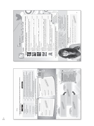 212
T
Writing
1.Readthefollowingtipsonwritingabiographyandmatchtheheadingsofeachonewiththe
correspondingexplanation.
FactualInformation
Earlylife:_________________________________
_________________________________________
_________________________________________
Professionallife:___________________________
_________________________________________
_________________________________________
Private/Family:____________________________
_________________________________________
________________________________________
Keyevents:________________________________
_______________________________________
_______________________________________
AnecdotalInformation
Name:_________________________________
Earlylife:_______________________________
_______________________________________
_______________________________________
Professionallife:_________________________
_______________________________________
_______________________________________
Private/Family:__________________________
_______________________________________
_______________________________________
Introduction
andEarlyLife
PrivateFamily
Life
Professional
Career
_______________________________________________
_______________________________________________
_______________________________________________
______________________________________________
2.Followtheprevioustipsandthenlistideasaboutawell-knownpersonwhointerestsyou.
Writeonlykeywordsorshortphrases.
3.Writeashortbiographyofthepersonyouhavechosen.Usetheinformationfromthepreviouslist.
1.Organizethestoryofaperson’slifeinchronologicalorder.Itallowsthe
readertotracethesubject’slifefrombeginningtopresentday.
2.You	should	mention	personal	achievements	and	how	these	have	affected	
a	person’s	life.	You	can	also	incorporate	any	personal	influences.	
3.It	is	very	important	that	you	confirm	the	information	to	be	accurate.	
Ifyouobtaininformationfromsourcesonthenet,makesurethesesites
aretrustworthy.
4.Obtainessentialinformationabouttheindividual:theperson’sfullname,
dateandplaceofbirthandfamilybackground.
a.Getbasicinformationabout
theperson.
b.Listachievementsand
influences.
c.Arrangeinformation.
d.Verifyinformation.
Writing
Strategy
Listideasbefore
writingatext.
WritingStrategy
Usetimephrasesto
organizeabiography:
•She/Hewasborn…
•Asachild/kid/
teenager...
•Afterhighschool/
college/graduating...
•Whenshe/hewas…
•She/Hebecamea…
•Ataveryearlyage/at
theageof….
_______________________________________________
_______________________________________________
_______________________________________________
______________________________________________
_______________________________________________
_______________________________________________
_______________________________________________
______________________________________________
TipsExplanations
30
Answersmayvary.
Answersmayvary.
Answersmayvary.
Answersmayvary.
Answersmayvary.
c
b
d
a
VP5_WB_UNIT_3.indd303/23/169:43AM
Lesson4
GrinningfromEartoEar
3.Answerthefollowingquestionsabouttimeswhenyouremotionshave
comeintoplay.
a.Whenwasthelasttimeyourheartsank?_______________________________
_________________________________________________________________
b.Haveyourecentlyfallenheadoverheelsinloveforaperson?____________
________________________________________________________________
c.Whatorwhomakesyougrinfromeartoear?___________________________
_______________________________________________________________
@TheBritsinger,Adele,continuescollectingawards!Sheisunstoppable.Overall,Adelehas
received	103	awards	from	186	nominations	since	she	released	her	first	album	in	2008.	
@DJSOD
Awesomenews!Istillrememberhowshegrinnedfromeartoaer_________________(a)
whenreceivingher6th
Grammyawardin2012.
@BritProducer
Soon	as	I	heard	her	for	the	first	time,	I	fellhdae________________(b)overheelsinlovefor
hervoice.She’stheforbest.
@KellyOzz
Sheisoftencriticizedforbeingabig-sizedwoman!Thismakesmyboold_______________(c)
boil.Iknowwhatit’slikebecauseIusedtostrugglewithmyweight.ButIsaydownwiththose
comments.	Adele	is	a	terrific	artist.	Your	weight	does	not	define	who	you	are,	your	talent	does!
@AdeleFanForever
Adele	had	a	very	difficult	break	up	with	her	boyfriend.	Her	album	21	is	inspired	entirely	by	
thatevent.Myhraet_______________(d)sunkwhenIlistenedtohersong
“someonelikeyou.”Itisreallysadandbeautifulatthesametime.
1.Readthefollowingnewsfromasocialnetworkandsomeresponsesfromfollowers.Unscramble
thewordsinboldtocompletetheidiomaticexpressions.
2.ChoosethemostappropriateidiomaticexpressionfromtheWordBankto
completetheconversations.Puttheverbsinthecorrecttense.
A:IjustreadthatAdelehasaseriousvocal
cordsurgery.Iwasreallysurprisedaboutit.
B:Oh,thatisatragedy.My_____________
_______________(a)toowhenIreadthe
newsIhopesherecovers100%.
A:HaveyouheardAdele’snewsong?
B:Ofcourse,IboughtitoniTunestoday.
AfterIheardit,Iimmediately_________
_________________________(b)withit.
A:Lookatthiswonderfulphotographof
Adele.She’s_______________________
__________(c).
B:	This	is	definitely	a	photo	to	remember	her	
by.Shelooksabsolutelystunning!
WordBank
•yourheartsinks
•grinfromeartoear
•makeyourbloodboil
•fallheadoverheelsinlove
|June19
|June19
|June20
|June20
|June20
Reply|Retweet
Reply|Retweet
Reply|Retweet
Reply|Retweet
Reply|Retweet
31
ear
head
blood
heart
fell
griningfromearto
Answersmayvary.
heart
sank
headoverheelsinlove
ear
VP5_WB_UNIT_3.indd313/23/169:43AM
WB Facsimil_5.indd 212 5/26/16 10:59 AM
 