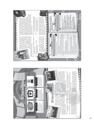 215
T
Lesson3
OldTimesandModernWorld
1.Readthedescriptionofeachcamera.Then,identifytheircorrespondingpicture.
2.ReadtheessayandmarktheparaphrasesbeloweachparagraphasTS(topicsentence)or
SS(supportingsentence).
200YearsofPhotographs
Photosareourmemoriesof
people,places,tripsandparties.
Today,ourlivesaredocumented
onFacebook,Twitterand
Instagram.However,itdidn’t
usetobelikethis;wesimplyused
tokeepphotosinourshoeboxesoralbums.Itissaidthat
theoldestpictureislessthan200yearsold.So,whousedto
takephotosandwhyandhowdidtheyusetotakethem?
Howdifferentisitnowadays?
a.Photographscanbeseenastangibleprojections
ofourmemory.
b.Theearliestpicturewastakentwocenturiesago.
Inthepast,veryfewpeoplewereabletoshootphotos,while
today,mostpeoplecan.Thecameraobscura,inventedinthe
10thcenturyA.D.,isconsideredthefirsttypeofcamera,and
isusedasasketchingaidbyartists.Withthefirstcommercial
camerainthe19thCentury,onlyinventors,photographers
andphotojournalistsused
totakephotos.TheKodak’s
Browniecameras,inventedin
the1900s,becameavailableforpeoplewhocouldafford
tobuyone.Hence,amateurscouldbegintoexploretheir
ownideasandcreativity.Soonafter,camerasfoundtheir
wayintomosthouseholds,sopeoplecouldkeepmemories
ofimportantdatesandcelebrations.Becausetechnology
hasflourishedinthe21stcentury,nowanybodycantake
photos,atanytimeandanyplace.
c.Oneinventionthatcanbeconsideredasakindof
earlycamerawasusedtomakedrawings.
d.Onlyafewprofessionalscouldaffordacamera
andtakepictures.
Thereasonswhyweshootphotosnowadaysisdifferent.
Thesedays,everyparty,birthday,sportsgameandconcert
isdocumentedindetailsothatpeoplecanrememberthe
event.Inthepasthowever,thereasonswereverydifferent.
Kodak’sBrowniewas
producedfrom1900until
1960.Itbecameacheap
cameraforbringing
photographytothemasses.
Itwasdevelopedin1948and
consistedofasandwichof
chemicalsandpaperwhich
couldself-developthephotos
inafewminutes.
Itisbelievedtobethefirst
commerciallyproduced
camera.Itwasintroduced
totheworldin1839.
a.BrownieCamerab.PolaroidCamerac.Daguerreotype
TS
SS
36
SS
TS
cab
VP5_WB_UNIT_4.indd363/23/1610:14AM
Reading
Forexample,withtheinitiationof
photographyintheVictorianera,an
uncommonpracticewasdeveloped:
thedeadwerephotographed.It
iswellknownthatmortalityrates
werehigh,sowhenlovedones
died,theVictoriansimmortalized
theminphotographs.Post-
mortemphotographswerethe
onlyphotographafamilyhadofthe
deceasedbecausephotosusedtobeveryexpensiveand
mostfamiliesdidn’tusetoownacamera.
e.Thepresentpurposesoftakingphotosdifferfrom
theonesinthepast.
f.Householdsdidnothaveacameraand
photographswerecostly.
Thewayinwhichweshootphotoshas
changeddrastically.Inthepast,only
physical(analog)photosweretaken:firstin
blackandwhiteandlaterincolor.Theywere
usuallydevelopedandstoredinshoeboxesor
inalbums.
The20thcenturywasthegoldenageofanalog
photography:It’sbeenestimatedthataround
85billionphysicalphotosweretakenintheyear
2000,thismeansarateof2,500photosper
second.Incontrast,inthenewmillennium,any
activitythatapersondoesmightbedocumented
digitally.Newgadgetslikethetabletandthecell
phonehavebuilt-incamerasthatmakephotosand
highdefinitionvideos.PeoplesharephotosonFacebook,
TwitterandInstagramdirectlyfromtheirphones.Everytwo
minutestodayweshootasmanyphotosasthewholeof
humanitydidinthe1800s.
g.Thecommunicationtoolsthatweusetoday
includeapplicationsforphotosandvideos.
h.Themannerinwhichwetakephotoshas
undergoneconsiderablechanges.
Insum,ithasbeenalmost200hundredyearssince
thefirstphotographwastaken.Diversepurposes,
numeroustypesofcameras,anddifferentkinds
ofphotosunderliethisancientpractice.Although
analogpictureshavealmostdisappeared,the
growthofphotoscontinues.
3.	Based	on	the	text,	check	(√)	the	best	answer.
a.Theprimarypurposeoftheessayisto:
Statetheadvantagesanddisadvantagesofdifferenttypes
ofcamerasandphotos.
Discussthehistoryofphotographyandcameras.
Compareandcontrastpastandpresentusageofphotos.
b.Accordingtotheessay,whichofthefollowingistrueabout
Victorians:
Theyusedtophotographtheliving.
Theyusedtophotographdeadanimals.
Theyusedtopayareasonablepriceforthepost-mortem
photos.
c.Theessaymentionseachofthefollowing,EXCEPT:
Peoplehavehaddifferentreasonstoshootphotos
throughouttheyears.
ShootingphotoswasapopularactivityafterWorldWarII.
Analogpictureshavealmostdisappearedduetothe
inventionofthedigitalcamera.
4.Readthetextagainandidentifythe
organizationoftheessay.Circlethe
correctinformation.
a.Theessaybeginswithanintroductionto
attract/turndownthereader.
b.Theessaypresentstheprosandcons/a
comparisonandcontrastofthetopic.
c.Eachbodyparagraphhasoneideastatedin
thetopicsentence/supportingsentence.
d.Eachbodyparagraphcontainstrue
examples/statistics/facts/allofthemto
supportthetopicsentence.
e.Thelastparagraphisasummaryof
thebodyparagraphs/presentsnew
comparisons.
ReadingStrategy
Locatetheinformationrequiredbyeachquestioninthe
correctparagraphtochoosethebestresponse.
ReadingStrategy
Analyzethefeaturesofthetextandfind
organizationalpatternstoidentifythetype
ofessay.
37
SS
TS
TS
SS
VP5_WB_UNIT_4.indd373/23/1610:14AM
WB Facsimil_5.indd 215 5/26/16 11:00 AM
 