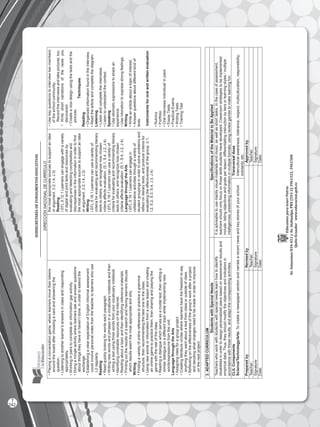 SUBSECRETARÍADEFUNDAMENTOSEDUCATIV0S
DIRECCIÓNNACIONALDECURRÍCULO
EducamosparatenerPatria
Av.AmazonasN34-451yAv.Atahualpa,PBX(593-2)3961322,3961508
Quito-Ecuadorwww.educacion.gob.ec
•Playingaconversationgame,wherelearnersmovetheirtokens
aroundtheboardafterchoosingacardandansweringthe
question.
•Listeningtoanotherlearner’sanswersinclassandresponding
appropriately.
•Workinginpairstocompleteaninformationgapactivity.
•Doingamingleactivitywherelearnersaskandanswerquestions
aboutthingstheyhaveorhaven’tdone,inordertoextendthe
exchange.
•EstablishingaclearexpectationofEnglishInformalassessment
couldinvolvepersonalnotesfromtheteachertolearnerswhouse
L2regularly.
Reading
•Readquicklylookingforwordseachparagraph.
•Writingnewwordsandphrasesinavocabularynotebookandthen
writingatextusingthreewordsfromyourvocabularynotebook.
•IdentifyingunreliableresourcesontheInternet.
•Readingaboutatopicandthenidentifyingreferencematerials.
•Printingouttheresultsofasearchandhavinglearnersdiscuss
whichresultsseemthemostappropriateandwhy.
Writing
•Findingavarietyofonlinereferencestopracticeagrammar
structure,thenrecommendingthebestonetotheclass.
•Usingnewwordsorinformationfromaclasslessonandcreating
anonlinegametopracticethem,thensharingandplayingthe
gamewiththerestoftheclass.
•Readingadialoguewhichservesasamodeltext,thenwritinga
similardialogueonadifferenttopicwhileimplementingnew
words/expressionsfromtheunit.
LanguagethroughtheArts
•Assigningrolesforagroupproject
•Creatingliteraturecircleswherelearnershavethefreedomtosay
anythingtheywantaboutatextfromclassoroutsideofclass.
•Reflectingontheeffectivenessofthegroup’sworkafteraproject
anddecidingwhatchangesneedtobemadeinordertoimprove
onthenextproject.
themostappropriatesourcestosupportanidea
orargument.(I.2,I.4,J.3)
Reading
I.EFL.5.12.1Learnerscanengagewithavariety
ofdigitalandprinttextsandresourcesby
evaluatinganddetectingcomplexitiesand
discrepanciesintheinformationinordertofind
themostappropriatesourcestosupportanidea
orargument.(I.2,I.4,J.3)
Writing
I.EFL.5.18.1Learnerscanuseavarietyof
criteriaforevaluatingandrecommendingliterary
textstoothers,andrecognizehowchosen
criteriaaffectsevaluation.(S.1,S.4,J.2,J.4)
I.EFL.5.18.1Learnerscanuseavarietyof
criteriaforevaluatingandrecommendingliterary
textstoothers,andrecognizehowchosen
criteriaaffectsevaluation.(S.1,S.4,J.2,J.4)
LanguagethroughtheArts
I.EFL.5.19.1Learnerscanengagein
collaborativeactivitiesthroughavarietyof
studentgroupingsinordertosolveproblemsand
reflectonliterarytexts,andproducecriteriafor
evaluatingtheeffectivenessofthegroup.(I.1,
I.2,S.2,S.3,S.4,J.3,J.4)
•Usekeyquestionstointerviewtwomembers
oftheschoolcommunity.
Recordtheinterviewsandtakepictures,too.
•Writeshortnarrationsofthenewsyou
discovered
•Createanicedesignusingthetextsandthe
pictures.
Techniques
Reading
•Organizedinformationfoundintheinterview.
•Readthearticleandcompletethediagram.
Listening
•Listenandcompletetheinterviews.
•Listentounderstandthecontext.
Speaking
•Useidiomaticexpressionstosharean
experience.
•Useintonationtoexpressstrongfeelings.
Writing
•Writeanarticleaboutatopicofinterest.
•Answerquestionsaboutdifferentkindof
texts.
Instrumentsfororalandwrittenevaluation
•Rubrics
•Portfolio
•Oralinterviewsindividual/inpairs
•EssayTests
•PracticalExams
•WritingTests
•TrainingTest
3.ADAPTEDCURRICULUM
StudentswithSpecialNeedsSpecificationsoftheMaterialtoBeApplied
Teacherswhoworkwithstudentswithspecialneedslearnhowtoidentify
disabilitiesinordertodesignpersonalizedplansbasedonassessmentresultsand
empiricaldata.Thus,theyshouldmodifytheobjectivesandindicatorsin
accordancewiththoseresults,andadaptthecorrespondingactivities.
Itisadvisabletousemainlyvisualmaterialsandmusic,aswellasshorttasks.Inthecaseofassessment,
teachersshouldonlyfocusonthoseskillsstudentshavedeveloped.Classroomstrategiestobeimplemented
include:listingobjectivesandgoalsperlesson;differentiatinginstructionbytiersorlearningstyles/multiple
intelligences;presentinginformationinmultipleformats;usingreviewgamestomakelearningfun.
CLILComponents
Science/Technology/Arts:Tocreateanewspapersectionandnarratearecentnewsandkeystoriesofyourschool.
TransversalAxes
Interculturalawareness,tolerance,respect,multiculturalism,responsibility,
solidarity,etc.
PreparedbyRevisedbyApprovedby
Teacher:Teacher:Teacher:
Signature:Signature:Signature:
Date:Date:Date:
242
T
 