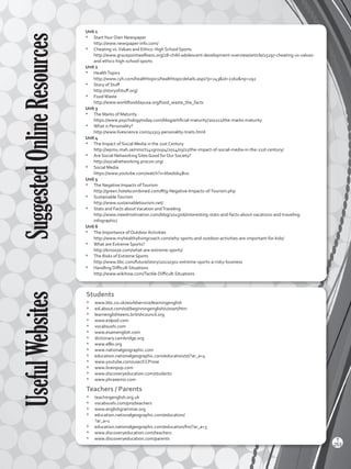 Unit 1
*	 StartYour Own Newspaper
http://www.newspaper-info.com/
*	 Cheating vs.Values and Ethics: High School Sports
http://www.gracepointwellness.org/28-child-adolescent-development-overview/article/15297-cheating-vs-values-
and-ethics-high-school-sports
Unit 2
*	 HealthTopics
http://www.cyh.com/healthtopics/healthtopicdetails.aspx?p=243id=2162np=292
*	 Story of Stuff
http://storyofstuff.org/
*	 FoodWaste
http://www.worldfooddayusa.org/food_waste_the_facts
Unit 3
*	 The Marks of Maturity
https://www.psychologytoday.com/blog/artificial-maturity/201211/the-marks-maturity
*	 What is Personality?
http://www.livescience.com/41313-personality-traits.html
Unit 4
*	 The Impact of Social Media in the 21st Century
http://wpmu.mah.se/nmict141group4/2014/03/11/the-impact-of-social-media-in-the-21st-century/
*	 Are Social Networking Sites Good for Our Society?
http://socialnetworking.procon.org/
*	 Social Media
https://www.youtube.com/watch?v=Iibedok4Bvo
Unit 5
*	 The Negative Impacts ofTourism
http://green.hotelscombined.com/Rtg-Negative-Impacts-of-Tourism.php
*	 SustainableTourism
http://www.sustainabletourism.net/
*	 Stats and Facts aboutVacation andTraveling
http://www.ineedmotivation.com/blog/2015/06/interesting-stats-and-facts-about-vacations-and-traveling-
infographic/
Unit 6
*	 The Importance of Outdoor Activities
http://www.myhealthylivingcoach.com/why-sports-and-outdoor-activities-are-important-for-kids/
*	 What are Extreme Sports?
http://kinooze.com/what-are-extreme-sports/
*	 The Risks of Extreme Sports
http://www.bbc.com/future/story/20120302-extreme-sports-a-risky-business
*	 Handling Difficult Situations
http://www.wikihow.com/Tackle-Difficult-Situations
SuggestedOnlineResourcesUsefulWebsites
Students
*	 www.bbc.co.uk/worldservice/learningenglish
*	 esl.about.com/od/beginningenglish/u/start/htm
*	 learnenglishteens.britishcouncil.org
*	 www.eslpod.com
*	 vocabsushi.com
*	 www.examenglish.com
*	 dictionary.cambridge.org
*	 www.elllo.org
*	 www.nationalgeographic.com
*	 education.nationalgeographic.com/education/st/?ar_a=4
*	 www.youtube.com/user/CCProse
*	 www.brainpop.com
*	 www.discoveryeducation.com/students
*	 www.phrasemix.com
Teachers / Parents
*	 teachingenglish.org.uk
*	 vocabsushi.com/pro/teachers
*	 www.englishgrammar.org
*	 education.nationalgeographic.com/education/
?ar_a=1
*	 education.nationalgeographic.com/education/fm/?ar_a=3
*	 www.discoveryeducation.com/teachers
*	 www.discoveryeducation.com/parents T
253
VP_References_TG_2BGU.indd 253 5/26/16 11:14 AM
 