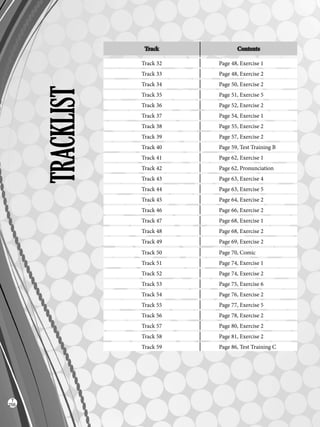 TRACKLIST
Track Contents
Track 32 Page 48, Exercise 1
Track 33 Page 48, Exercise 2
Track 34 Page 50, Exercise 2
Track 35 Page 51, Exercise 5
Track 36 Page 52, Exercise 2
Track 37 Page 54, Exercise 1
Track 38 Page 55, Exercise 2
Track 39 Page 57, Exercise 2
Track 40 Page 59, Test Training B
Track 41 Page 62, Exercise 1
Track 42 Page 62, Pronunciation
Track 43 Page 63, Exercise 4
Track 44 Page 63, Exercise 5
Track 45 Page 64, Exercise 2
Track 46 Page 66, Exercise 2
Track 47 Page 68, Exercise 1
Track 48 Page 68, Exercise 2
Track 49 Page 69, Exercise 2
Track 50 Page 70, Comic
Track 51 Page 74, Exercise 1
Track 52 Page 74, Exercise 2
Track 53 Page 75, Exercise 6
Track 54 Page 76, Exercise 2
Track 55 Page 77, Exercise 5
Track 56 Page 78, Exercise 2
Track 57 Page 80, Exercise 2
Track 58 Page 81, Exercise 2
Track 59 Page 86, Test Training C
256
T
Scrips_VP5IngGuide.indd 196 3/23/16 12:01 PM
 