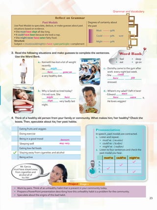 Grammar and Vocabulary
•	 Work by pairs.Think of an unhealthy habit that is present in your community today.
•	 Prepare a PowerPoint presentation describing how this unhealthy habit is a problem for the community.
•	 Speculate about the origins of this bad habit.
Project  Stage 1
Reflect on Grammar
Past Modals
Use Past Modals to speculate, deduce, or make guesses about past
situations based on evidence.
• She must have slept all day long.
• It could have been because she took a nap.
• She might never have eaten fatty food.
Structure
Subject + (must/could/might) + have + past participle + complement
Degrees of certainty about
the past
a.-	Kenneth has lost a lot of weight
recently.
-	He
a very healthy diet.
c.-	Dorothy came to the gym after
work every night last week.
- She
stressed.
b.-	Why is Sarah so tired today?
- I’m not sure. She
very badly last
night.
d.-	Where’s my salad? I left it here!
- Edward
it.
He loves veggies!
3.	 Read the following situations and make guesses to complete the sentences.
Use the Word Bank.
4.	 Think of a healthy old person from your family or community. What makes him/her healthy? Check the
boxes. Then, speculate about his/her past habits.
Word Bank
•	 feel
•	 eat
•	 sleep
•	 go on
must’ve could’ve might’ve
a.
b.
c.
d.
Pronunciation
In speech, past modals are contracted.
1.	 Listen and repeat.
•	 must’ve - / mʌstǝv/
•	 could’ve - / kʊdǝv/
•	 might’ve - / maItǝv/
2.	 Listen to four sentences and check the
past modal you hear.
Eating fruits and veggies
Doing exercise
Being in a good mood
Sleeping well
Eating low-fat foods
Staying away from cigarettes and alcohol
Being active
Mr. Garcia
must have stayed away
from cigarettes and
alcohol all of
his life!
Must -------- 90%
Could -------- 50%
Might -------- 30%
sure
might
23
have
might
Answers
may vary.
slept
must
could
have
have
gone on
have
felt
eaten
VP5 U2.indd 23 23/03/2016 08:19:20 a.m.
 