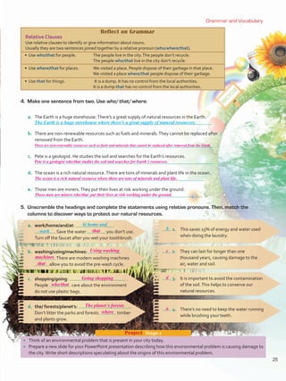 Grammar and Vocabulary
•	 Think of an environmental problem that is present in your city today.
•	 Prepare a new slide for your PowerPoint presentation describing how this environmental problem is causing damage to
the city.Write short descriptions speculating about the origins of this environmental problem.
Project  Stage 2
4.	 Make one sentence from two. Use who/that/where.
a.	 The Earth is a huge storehouse.There’s a great supply of natural resources in the Earth.
	
b.	 There are non-renewable resources such as fuels and minerals.They cannot be replaced after
removed from the Earth.
c.	 Pete is a geologist. He studies the soil and searches for the Earth’s resources.
	
d.	 The ocean is a rich natural resource.There are tons of minerals and plant life in the ocean.
e.	 Those men are miners.They put their lives at risk working under the ground.
1.	 This saves 15% of energy and water used
when doing the laundry.
a.	 work/home/and/at:
	 . Save the water you don’t use.
Turn off the faucet after you wet your toothbrush.
b.	 washing/using/machines:
.There are modern washing machines
allow you to avoid the pre-wash cycle.
2.	 They can last for longer than one
thousand years, causing damage to the
air, water and soil.
3.	 It is important to avoid the contamination
of the soil.This helps to conserve our
natural resources.
c.	 shopping/going: .
People care about the environment
do not use plastic bags.
4.	 There’s no need to keep the water running
while brushing your teeth.
d.	 the/ forests/planet’s: .
Don’t litter the parks and forests timber
and plants grow.
5.	 Unscramble the headings and complete the statements using relative pronouns. Then, match the
columns to discover ways to protect our natural resources.
Reflect on Grammar
Relative Clauses
Use relative clauses to identify or give information about nouns.
Usually they are two sentences joined together by a relative pronoun (who/where/that).
• Use who/that for people. The people live in the city.The people don’t recycle.
The people who/that live in the city don’t recycle.
• Use where/that for places. We visited a place. People dispose of their garbage in that place.
We visited a place where/that people dispose of their garbage.
• Use that for things. It is a dump. It has no control from the local authorities.
It is a dump that has no control from the local authorities.
The Earth is a huge storehouse where there’s a great supply of natural resources.
b
At home and
work
25
There are non-renewable resources such as fuels and minerals that cannot be replaced after removed from the Earth.
Pete is a geologist who/that studies the soil and searches for Earth´s resources.
The ocean is a rich natural resource where there are tons of minerals and plant life.
Those men are miners who/that put their lives at risk working under the ground.
that
c
d
a
Using washing
Going shopping
The planet´s forests
who/that
where
machines
that
VP5 U2.indd 25 23/03/2016 08:19:24 a.m.
 