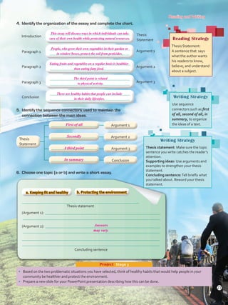 Reading and Writing
•	 Based on the two problematic situations you have selected, think of healthy habits that would help people in your
community be healthier and protect the environment.
•	 Prepare a new slide for your PowerPoint presentation describing how this can be done.
Project  Stage 3
4.	 Identify the organization of the essay and complete the chart.
Writing Strategy
Use sequence
connectors such as first
of all, second of all, in
summary, to organize
the ideas of a text.
Writing Strategy
Thesis statement: Make sure the topic
sentence you write catches the reader’s
attention.
Supporting ideas: Use arguments and
examples to strengthen your thesis
statement.
Concluding sentence:Tell briefly what
you talked about. Reword your thesis
statement.
Introduction
5.	 Identify the sequence connectors used to maintain the
connection between the main ideas.
6.	 Choose one topic (a or b) and write a short essay.
Reading Strategy
Thesis Statement:
A sentence that says
what the author wants
his readers to know,
believe, and understand
about a subject.
Argument 1
Argument 2
Argument 3
Conclusion
Thesis
Statement
Thesis
Statement
Paragraph 1
Paragraph 2
Paragraph 3
Argument 1
Argument 2
Argument 3
Conclusion
a. Keeping fit and healthy b. Protecting the environment
Thesis statement
Concluding sentence
(Argument 1):
(Argument 2):
27
Answers
may vary.
First of all
Secondly
A third point
In summary
This essay will discuss ways in which individuals can take
care of their own health while protecting natural resources.
People, who grow their own vegetables in their garden or
in window boxes, protect the soil from pesticides.
Eating fruits and vegetables on a regular basis is healthier
than eating fatty food.
The third point is related
to physical activity.
There are healthy habits that people can include
in their daily lifestyles.
VP5 U2.indd 27 23/03/2016 08:19:27 a.m.
 