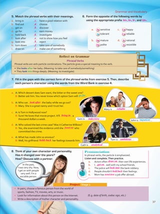 Grammar and Vocabulary
Pronunciation
In phrasal verbs, the particle is emphasized.
Listen and complete.Then practice.
a.	 Actors often their own life experiences.
b.	 I well with my school friends.
c.	 The police will the bank robbery.
d.	 People shouldn’t their feelings.
e.	 Mom has a job offer abroad.
a.	 A:Which dessert does Sam want, the bitter or the sweet one? 	
B:	Better ask him.You never know which option Sam will . 	
b.	 A:Who can the baby while we go out?
B:	Mary. She is a great nanny and I trust her.
c.	 A: IsTom in Hollywood now?
B:	Sure! He loves that movie project. It’ll a
thousand dollars a week.
d.	 A: Who solved the last crime case?Was it CatherineWillows?
B:	Yes, she examined the evidence until she who
committed the crime.
e.	 A:What has made John so anxious?
B:	Well, his girlfriend her feelings towards him.
a.	 sensitive c.	 happy
tolerant reliable
b.	 mature d.	 rational
polite resistible
a
go for
Sam is .
Mary is .
Tom is .
John is .
Cath is .
•	 In pairs, choose a famous person from the world of
sports, fashion,TV, movies, arts, or music.
•	 Look for information about this person on the Internet.
•	 Write a description of his/her character and personality.
Project  Stage 1
(E.g. date of birth, zodiac sign, etc.)
5.	 Match the phrasal verbs with their meanings.
a.	 bring in	 	 have a good relation with
b.	 find out	 	choose
c.	 get on	 	discover
d.	 go for 	 	 earn money
e.	 hold back 	 	investigate
f.	 look after 	 	 not to show how you feel
g.	 look into 	 	reject
h.	 turn down 	 	 take care of somebody
i.	 draw on	 	 make use of something
6.	 Form the opposite of the following words by
using the appropriate prefix: Im-, In-, Ir-, and Un-.
Reflect on Grammar
PhrasalVerbs
Phrasal verbs are verb-particle combinations.The particle gives a special meaning to the verb.
• She looks after her baby. (Meaning: to take care of somebody/something)
• They look into things deeply. (Meaning: to investigate)
7.	 Fill in the gaps with the correct form of the phrasal verbs from exercise 5. Then, describe
each person’s character using the words from the Word Bank in exercise 4.
8.	 Think of your own character and personality.
Has it changed over the years?
How? Discuss with a partner.
In the past,
I was very shy. Now,
I get on with people
very well. I’m a
sociable person.
In
impatient
37
indecisive
reliable
ambitious
analytical
look after
bring in
found out
holds back
draw on
get on
look into
hold back
turned down
c
In Un
Un
IrIm
IrIm
d
b
g
e
h
f
i
VP5 U3.indd 37 23/03/2016 08:30:32 a.m.
 