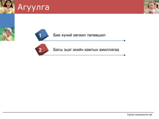 Агуулга


    1     Бие хүний хөгжил төлөвшил


    2     Багш эцэг эхийн хамтын ажиллагаа


    3




                                             Сурган хүмүүжүүлэх зүй
 