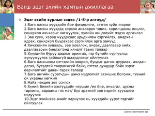 Багш эцэг эхийн хамтын ажиллагаа

  Эцэг эхийн хурлын сэдэв /1-5-р ангиуд/
  1.Бага насны хүүхдийн бие физиологи, сэтгэл зүйн онцлог
  2.Бага насны хүүхдэд хэрхэн анхаарал тавих, харилцааны онцлог,
  сонирхол авъяасыг хөгжүүлэх, хувийн онцлогийг мэдэх аргачлал
  3.Зөв суух, хараа муудахаас урьдчилан сэргийлэх, амархан
  ядрах, сонирхол буурахаас сэргийлэх арга замууд
  4.Хичээлийн хуваарь, зөв хооллох, амрах, даалгавар хийх,
  даалгаварын биелэлтэнд хяналт тавих талаар
  5.Хүүхдийн буруу дадлыг арилгах, гэр бүлийн сургуульд
  хүмүүжүүлэх зайлшгүй шаардлагыг ойлгуулах
  6.Бага насныхны сэтгэлийн хөөрөл, бусдыг дагаж дууриах, аялдан
  дагах, бусадтай таарамжгүй байх, сэтгэл дундуур байх зэрэг
  өөрчлөлтийг даван гарах талаар
  7.Бага ангийн сурагчдын шинэ мэдлэгийг эзэмших боломж, түүний
  ой ухааны хөгжил
  8.Найз нөхдөө зөв сонгох
  9.Хүний биеийн хэсгүүдийн нэршил /их бие, амьсгал, цусны
  тархины, харааны гэх мэт/ бүх эрхтний зөв нэрийг хүүхдээр
  мэдүүлэх
  10.Эцэг эхийнхээ ачийг хариулах нь хүүхдийн үүрэг гэдгийг
  ойлгуулах

                                                    Сурган хүмүүжүүлэх зүй
 