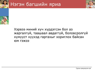 Нэгэн багшийн яриа




 Хэрвээ миний хүч хүрдэгсэн бол аз
 жаргалгүй, таашаал авдаггүй, боловсролгүй
 хүмүүст хүүхэд гаргахыг хориглох байсан
 юм гэжээ




                                   Сурган хүмүүжүүлэх зүй
 