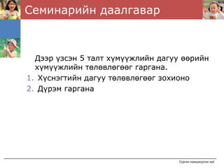 Семинарийн даалгавар



  Дээр үзсэн 5 талт хүмүүжлийн дагуу өөрийн
  хүмүүжлийн төлөвлөгөөг гаргана.
1. Хүснэгтийн дагуу төлөвлөгөөг зохионо
2. Дүрэм гаргана




                                   Сурган хүмүүжүүлэх зүй
 