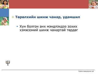 Төрөлхийн шинж чанар, удамшил

 Хүн болгон анх мэндлэхдээ зохих
 хэмжээний шинж чанартай төрдөг




                                   Сурган хүмүүжүүлэх зүй
 